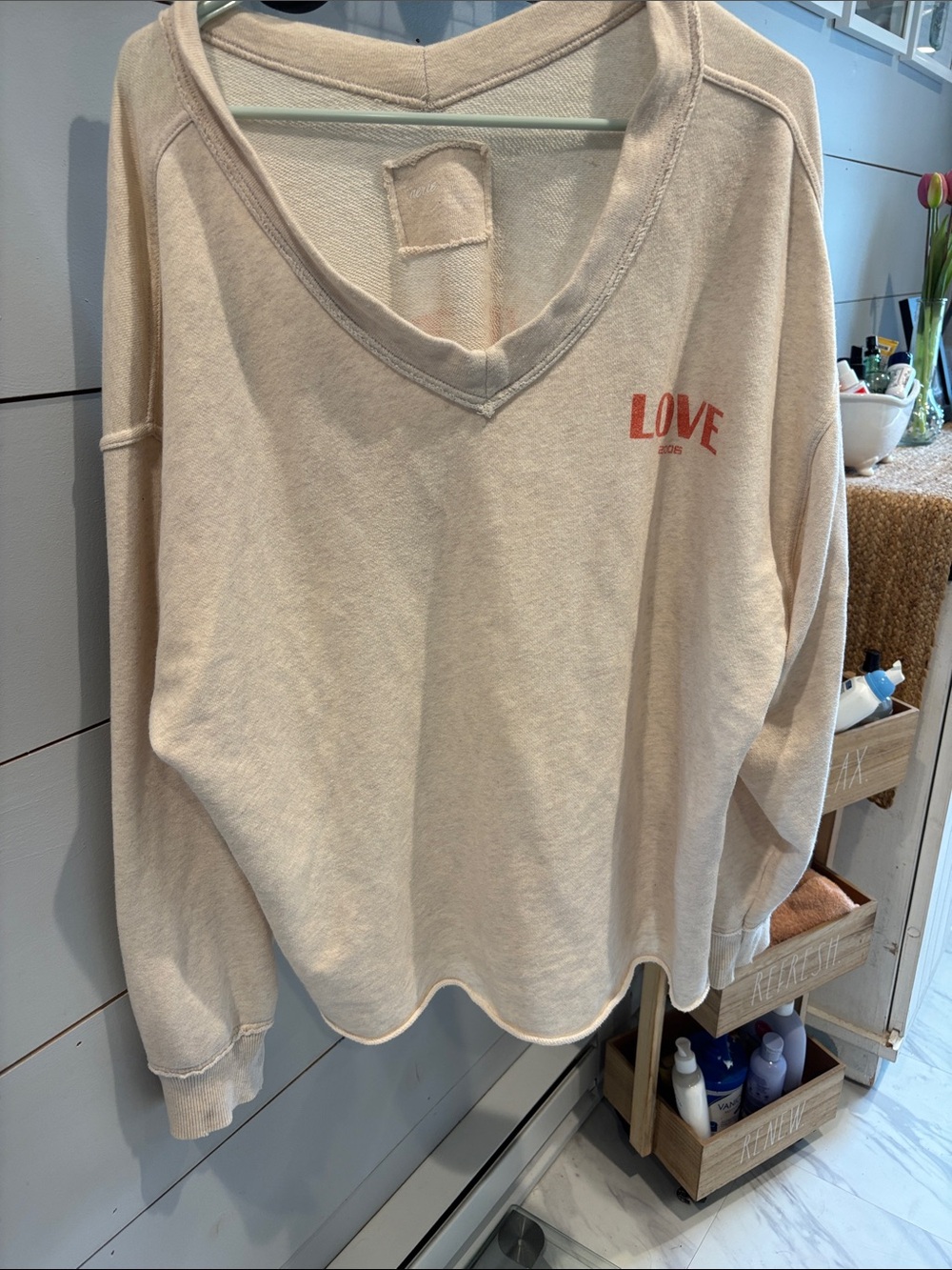 Aerie Cream 'LOVE' V-Neck Pullover Sweatshirt